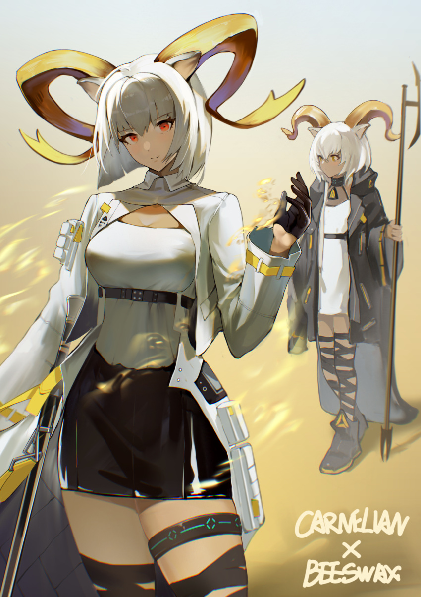 2girls absurdres animal_ears arknights bangs beeswax_(arknights) black_footwear black_gloves black_jacket black_ribbon black_skirt bob_cut breasts carnelian_(arknights) character_name chinese_commentary commentary_request cowboy_shot dress gloves gradient gradient_background hand_up head_tilt highres holding holding_staff horns infection_monitor_(arknights) jacket leg_ribbon long_sleeves looking_at_viewer medium_breasts multiple_girls open_clothes open_jacket pencil_skirt red_eyes ribbon shirt shoes short_hair siblings silver_hair sisters skirt smile staff standing thigh_strap thighs ufoliving white_dress white_jacket white_shirt