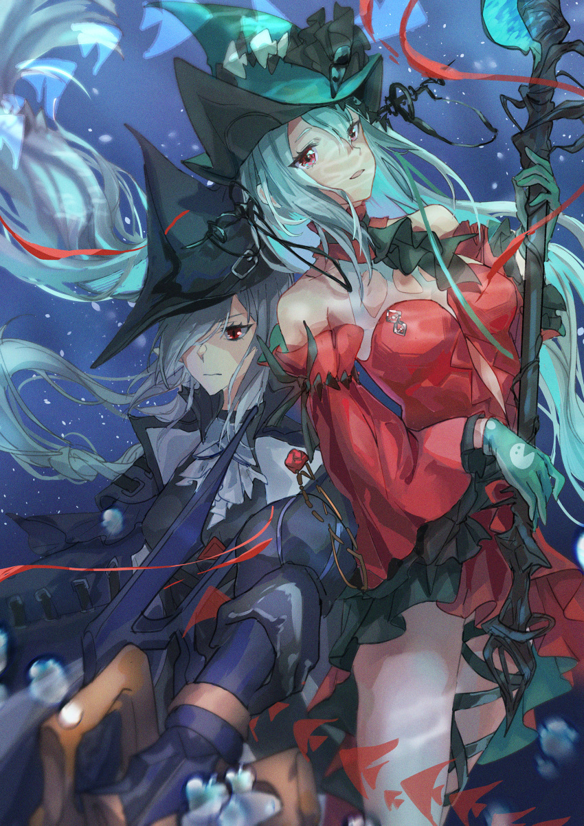 2girls absurdres arknights bangs bare_shoulders black_headwear blue_gloves blue_headwear breasts commentary_request detached_sleeves dress gladiia_(arknights) gloves hair_over_one_eye highres holding holding_staff long_hair long_sleeves medium_breasts miyuan_ball multiple_girls parted_lips red_dress red_eyes short_dress silver_hair skadi_(arknights) skadi_the_corrupting_heart_(arknights) staff wide_sleeves