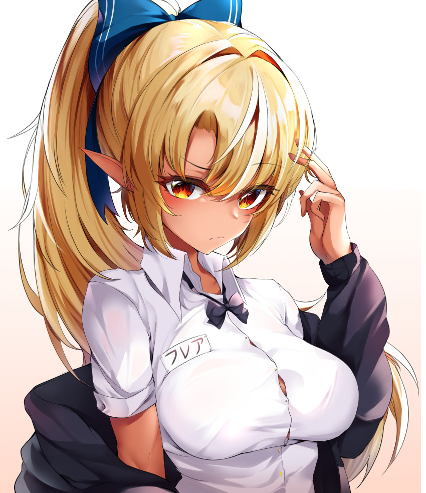 1girl absurdres bangs black_jacket blonde_hair blue_bow blush bow bowtie breasts closed_mouth collared_shirt dark_elf dark_skin elf eyebrows_visible_through_hair gr_greeze gradient gradient_background hair_bow hair_intakes hair_ornament hand_up highres hololive jacket large_breasts long_hair long_sleeves looking_at_viewer orange_eyes pointy_ears ponytail shiranui_flare shirt simple_background solo upper_body virtual_youtuber white_shirt