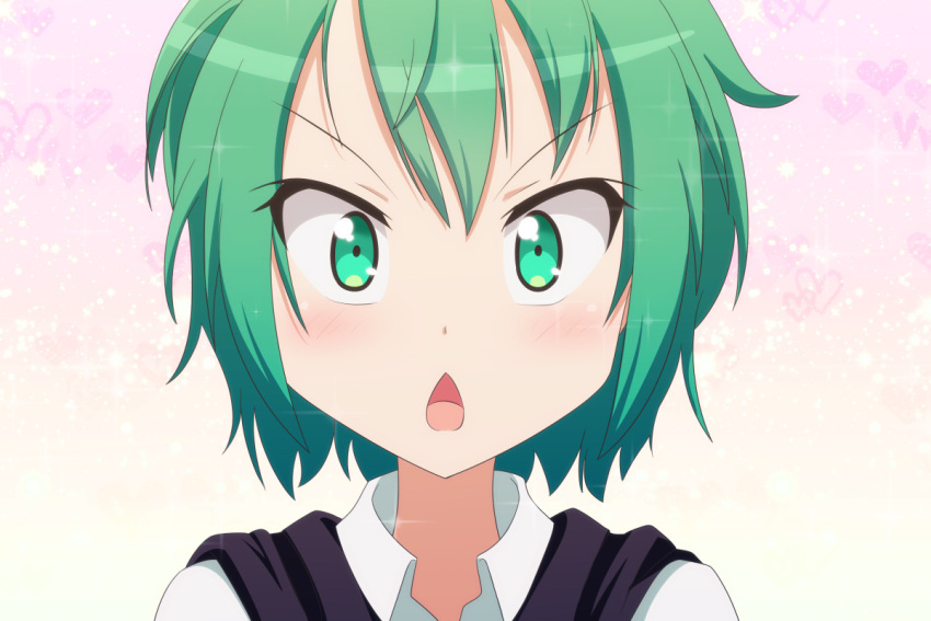 1girl bangs cato_(monocatienus) chestnut_mouth close-up commentary_request face gradient gradient_background green_eyes green_hair heart heart_background looking_at_viewer open_mouth pink_background portrait shirt short_hair simple_background solo touhou v-shaped_eyebrows white_shirt wing_collar wriggle_nightbug