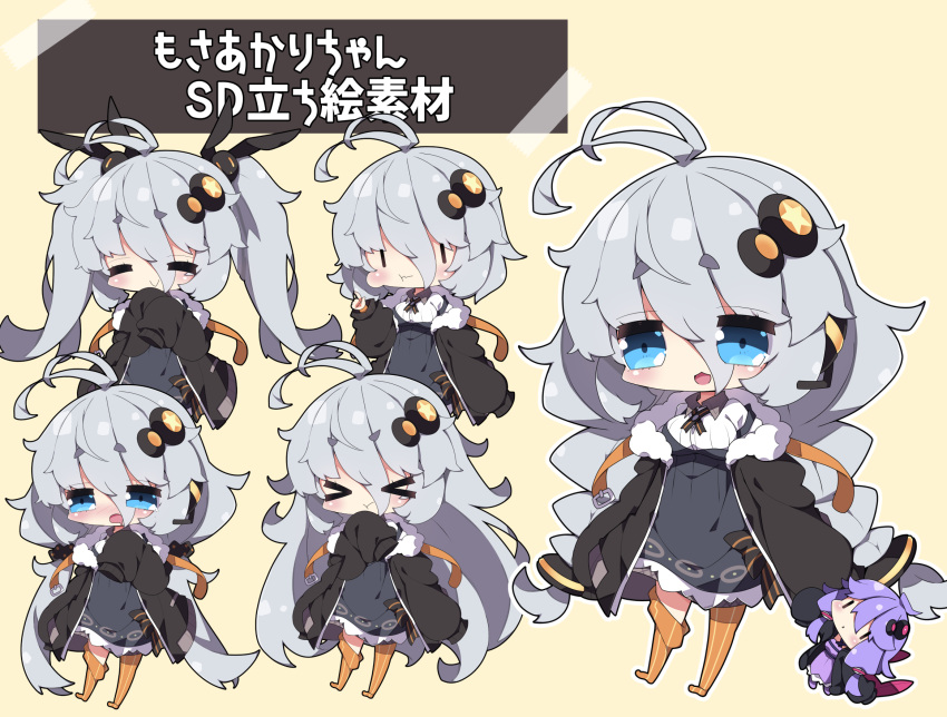 &gt;_&lt; 1girl :t antenna_hair bangs black_jacket blue_eyes blush braid breasts brown_background bunny_hair_ornament chibi closed_eyes closed_mouth collared_shirt commentary_request dress drooling eyebrows_visible_through_hair eyes_visible_through_hair fur-trimmed_jacket fur_trim grey_dress grey_hair hair_between_eyes hair_ornament headset highres jacket kizuna_akari large_breasts long_hair long_sleeves milkpanda mouth_drool multiple_views no_shoes open_clothes open_jacket open_mouth orange_legwear pout puffy_long_sleeves puffy_sleeves shirt short_eyebrows short_hair simple_background sleeves_past_fingers sleeves_past_wrists star_(symbol) striped striped_legwear thick_eyebrows thigh-highs thighhighs_pull translation_request twin_braids twintails vertical-striped_legwear vertical_stripes very_long_hair vocaloid voiceroid wavy_mouth white_shirt yuzuki_yukari |_|