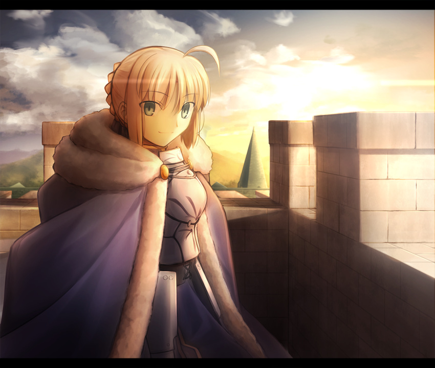 1girl ahoge armor armored_dress artoria_pendragon_(all) bangs black_eyes blonde_hair braid cape closed_mouth clouds eyebrows_visible_through_hair fate/grand_order fate_(series) from_side fur_trim gauntlets hair_between_eyes looking_at_viewer looking_to_the_side medium_hair migiha mountain saber sidelocks sky smile solo standing upper_body