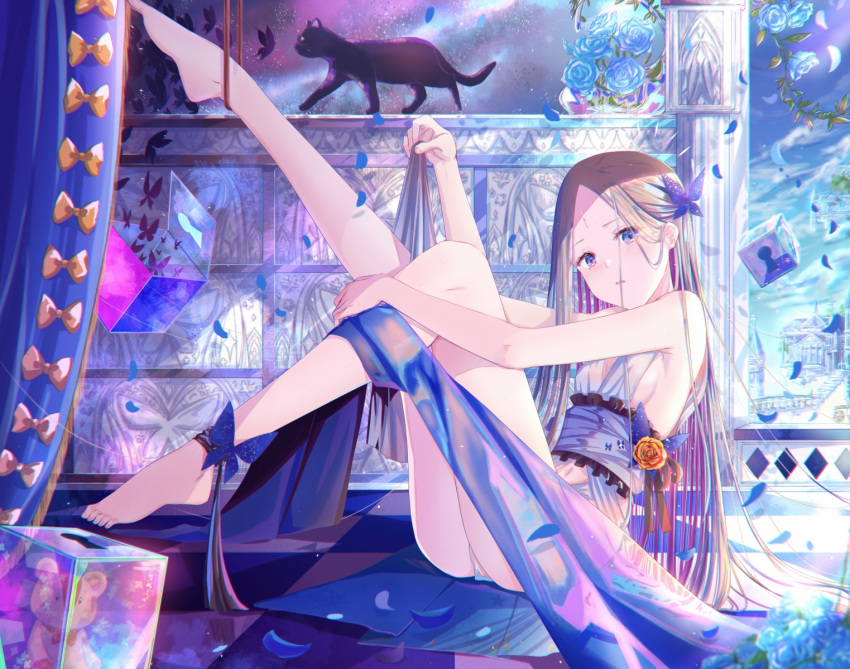 1girl abigail_williams_(fate) babydoll bangs bare_shoulders barefoot black_cat blonde_hair blue_eyes blush breasts bug butterfly butterfly_hair_ornament cat cube curtains fate/grand_order fate_(series) forehead hair_ornament insect kinom_(sculpturesky) legs legs_up long_hair looking_at_viewer parted_bangs sidelocks sitting small_breasts stuffed_animal stuffed_toy teddy_bear