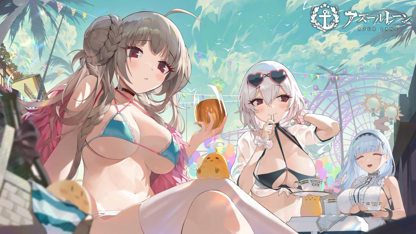 3girls absurdres aqua_bikini azur_lane balloon bikini black_bikini black_hairband blue_bikini blue_hair blue_sky blurry blurry_foreground braid braided_bun breasts bsue center_frills choker closed_eyes clothing_cutout criss-cross_halter crossed_legs cup dido_(azur_lane) double_bun earrings eyewear_on_head feather_boa ferris_wheel formidable_(azur_lane) formidable_(the_lady_of_the_beach)_(azur_lane) frills hair_between_eyes hairband halterneck heart heart-shaped_eyewear highres holding holding_cup huge_breasts jewelry large_breasts loading_screen long_hair looking_at_viewer looking_down manjuu_(azur_lane) multi-strapped_bikini multiple_girls o-ring o-ring_bikini o-ring_top official_alternate_costume official_art open_mouth palm_tree picnic_basket pink-framed_eyewear pink_choker platinum_blonde_hair red_eyes scrunchie shirt short_hair sideboob single_thighhigh sirius_(azur_lane) sirius_(midsummer_seirios)_(azur_lane) sitting skindentation sky sleeveless sleeveless_shirt sunglasses swimsuit teacup thigh-highs tree under_boob underboob_cutout very_long_hair white_hair white_scrunchie white_shirt wrist_scrunchie