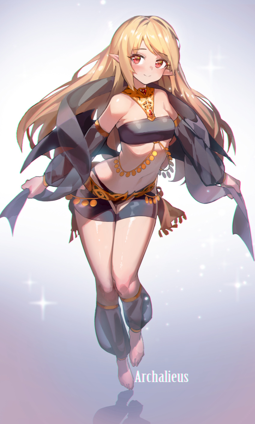 1girl anklet armlet barefoot blonde_hair breasts closed_mouth dancer demon_girl eyebrows_visible_through_hair harem_outfit highres jewelry long_hair looking_at_viewer ludaf medium_breasts navel pointy_ears red_eyes shadow smile solo