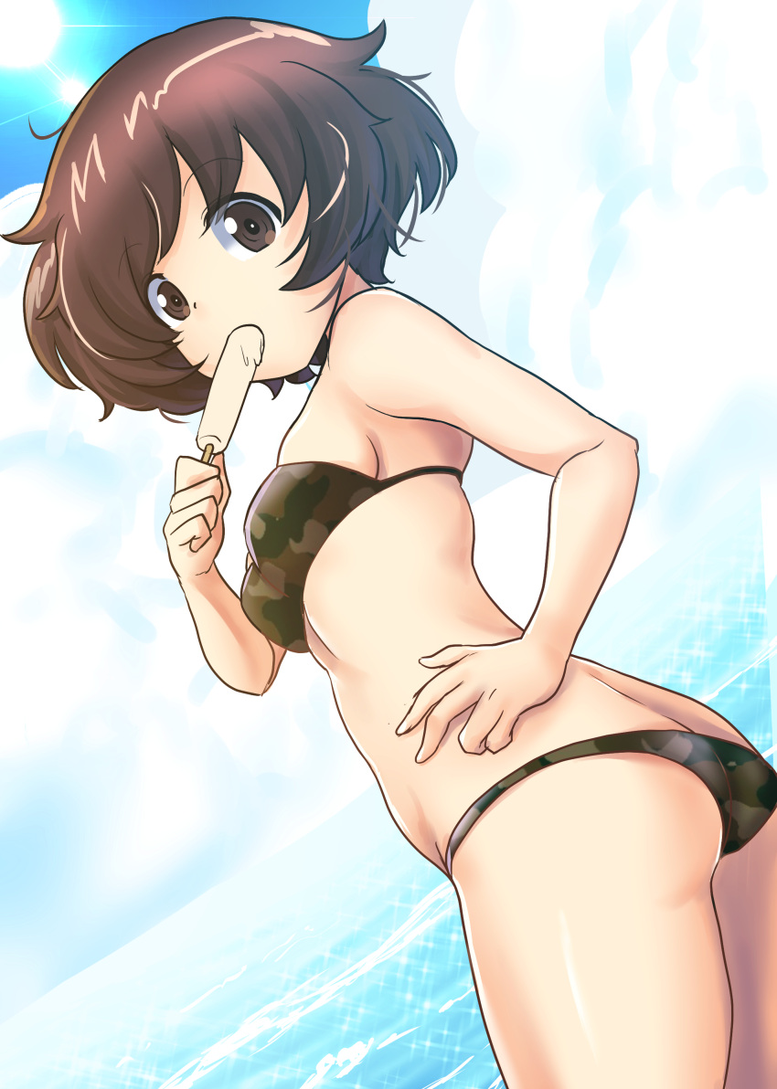 1girl absurdres akiyama_yukari artist_name ass bangs bikini breasts brown_eyes brown_hair butt_crack camouflage camouflage_bikini clouds cloudy_sky cowboy_shot dated day excel_(shena) eyebrows_visible_through_hair food food_in_mouth from_behind girls_und_panzer green_bikini hand_on_hip highres looking_at_viewer looking_back lowleg lowleg_bikini medium_breasts messy_hair one-hour_drawing_challenge outdoors popsicle short_hair skindentation sky solo sparkle standing sun sunlight swimsuit
