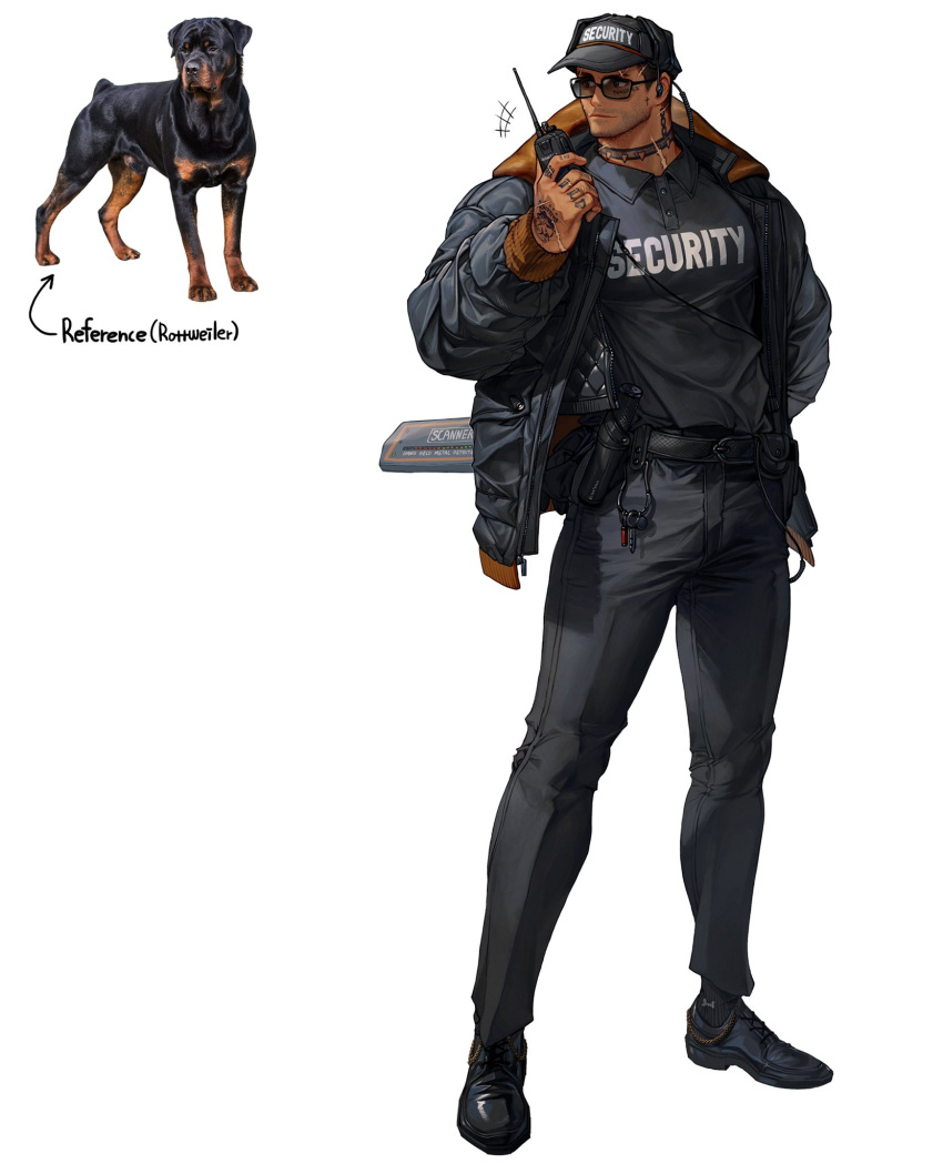 1boy belt black_belt black_coat black_footwear black_headwear black_pants black_shirt coat dog facial_hair full_body hand_up hat highres long_sleeves original pants personification print_headwear print_shirt rinotuna rottweiler security_guard shirt shirt_tucked_in shoes simple_background smile solo standing stubble sunglasses tattoo walkie-talkie white_background