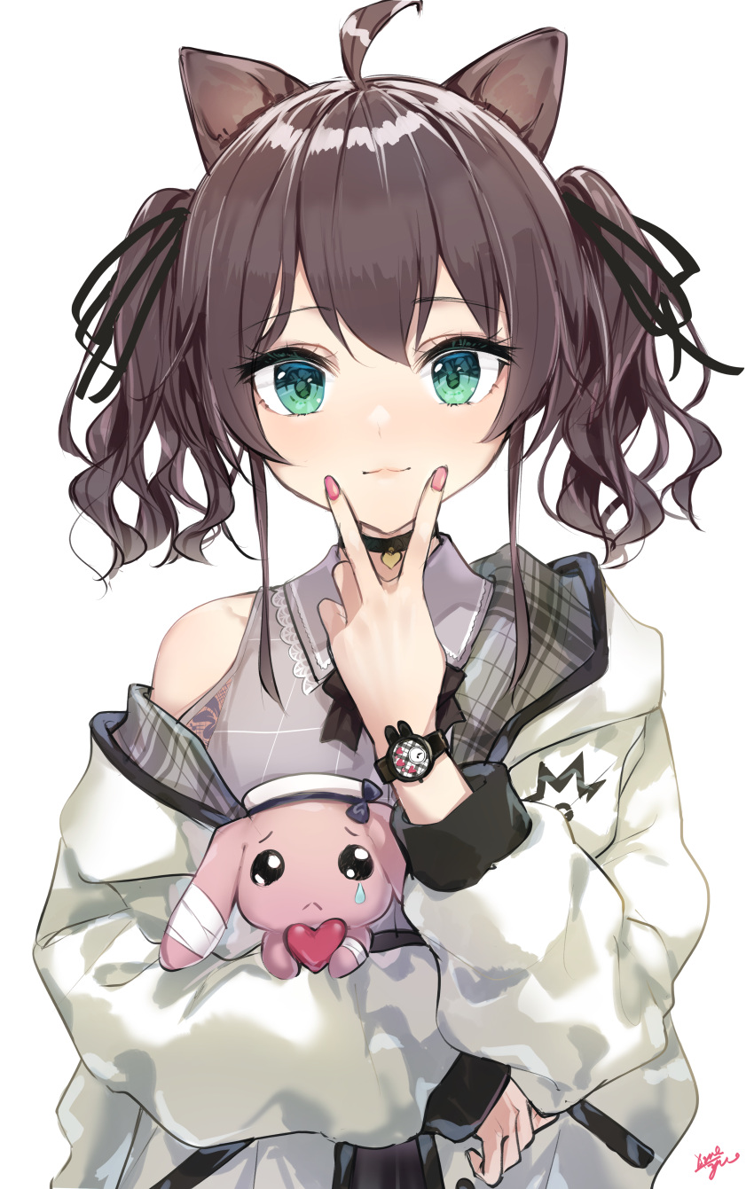 1girl absurdres ahoge animal_ears aqua_eyes black_choker black_ribbon blush brown_hair cat_ears choker closed_mouth collared_shirt commentary_request eyebrows_visible_through_hair eyelashes flat_chest grey_shirt hair_between_eyes hair_ribbon heart heart_choker highres holding holding_stuffed_toy hololive jacket kemonomimi_mode lace_trim lips long_sleeves looking_at_viewer medium_hair nail_polish natsuiro_matsuri off_shoulder official_alternate_costume pink_nails plaid ribbon shirt signature simple_background sleeveless sleeveless_shirt smile solo stuffed_animal stuffed_bunny stuffed_toy takenoko_no_you teardrop twintails two-sided_fabric two-sided_jacket upper_body v v_over_mouth virtual_youtuber watch watch wavy_hair white_background white_jacket wing_collar