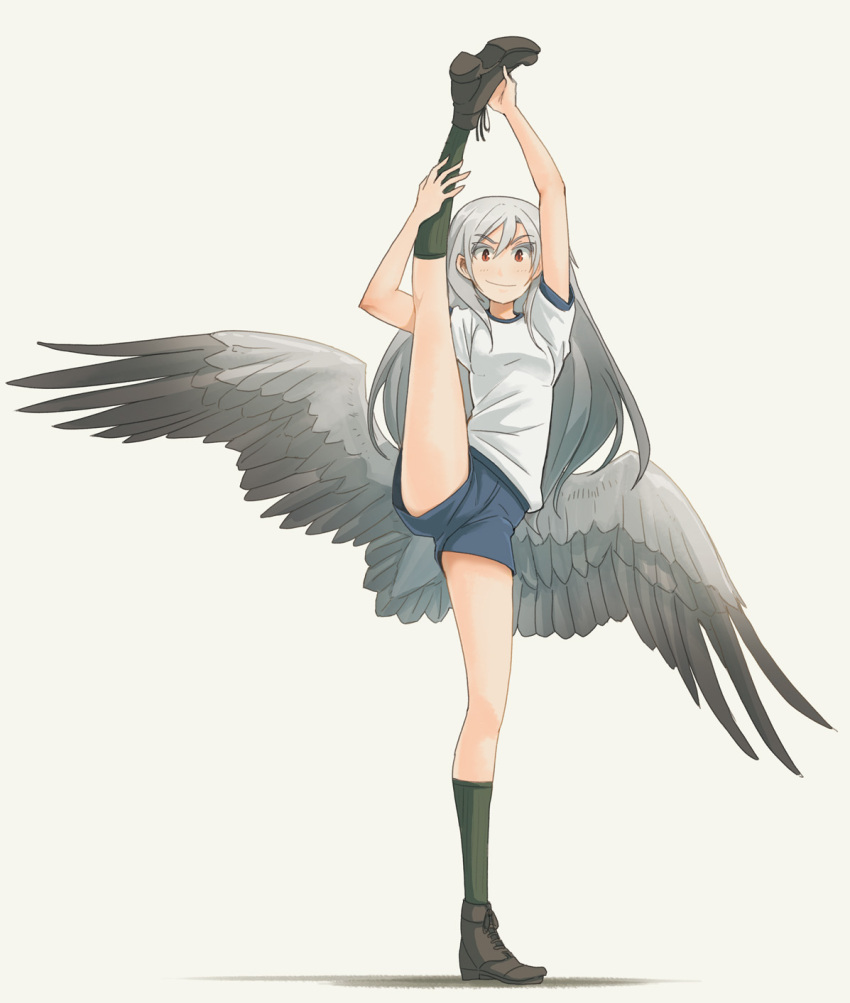 1girl asterisk_kome bangs bird_wings black_footwear black_legwear blue_shirt closed_mouth commentary eyebrows_visible_through_hair full_body grey_hair grey_wings gym_shirt gym_shorts gym_uniform highres leg_hold leg_up long_hair looking_at_viewer low_wings red_eyes shirt shoes short_shorts short_sleeves shorts simple_background smile socks solo split standing standing_on_one_leg standing_split white_background winged_fusiliers wings