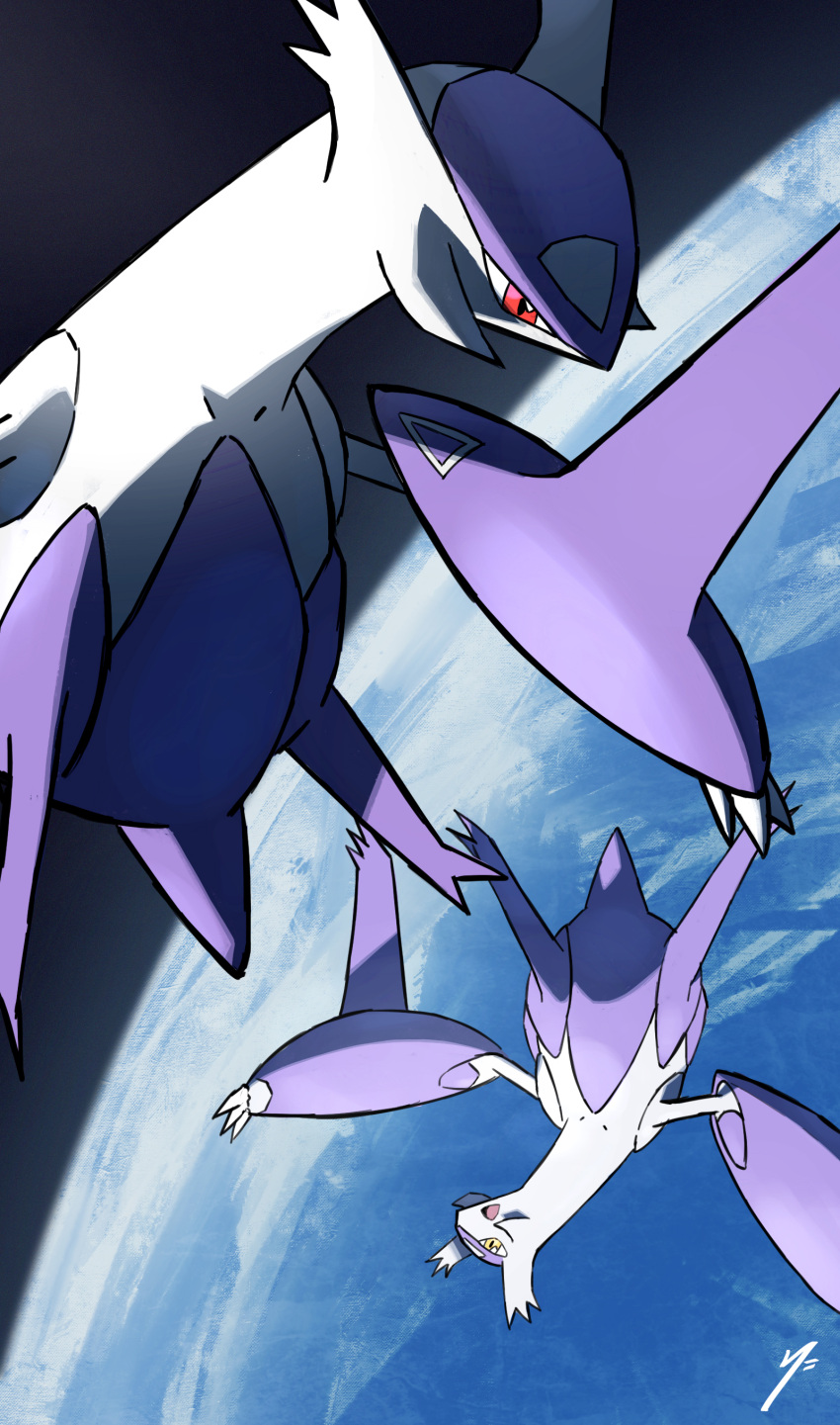 absurdres af_(afloatisland) claws commentary_request earth_(planet) gen_3_pokemon highres latias latios legendary_pokemon mega_latias mega_latios mega_pokemon no_humans open_mouth planet pokemon pokemon_(creature) red_eyes tongue yellow_eyes