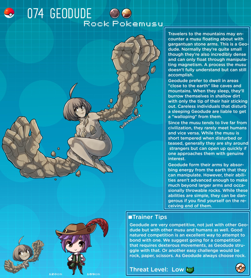 1boy 1girl artist_name character_name character_profile colored_skin commentary english_commentary english_text gen_1_pokemon geodude hat hat_feather highres kinkymation monster_girl personification poke_ball poke_ball_(basic) pokemon purple_hair