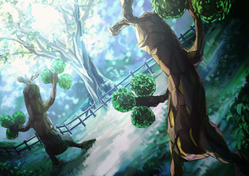 blurry commentary_request fence gen_2_pokemon gen_6_pokemon grass highres no_humans outdoors pokemon pokemon_(creature) rock sudowoodo tree trevenant yuro_(mangasukinoyuro)