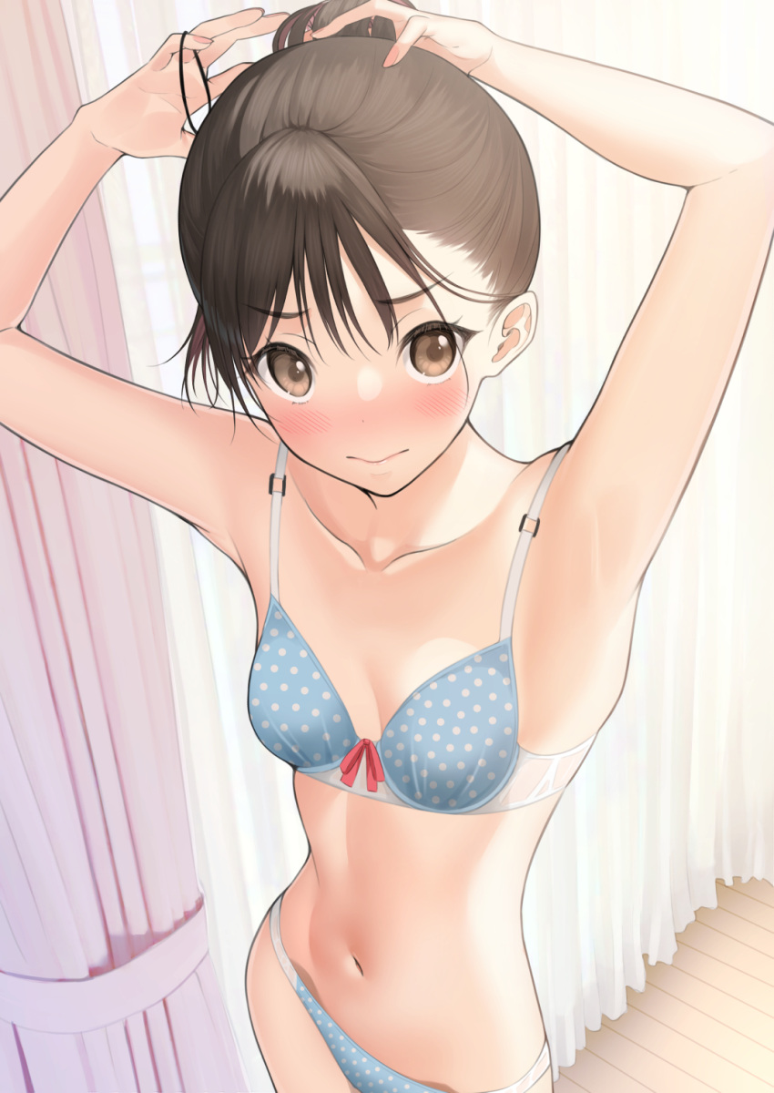 1girl armpits arms_up bare_arms bare_shoulders blue_bra blue_panties blush bra breasts brown_eyes brown_hair closed_mouth collarbone cowboy_shot curtains hair_tie highres looking_at_viewer mottsun_(i_40y) navel original panties polka_dot polka_dot_bra polka_dot_panties ponytail short_hair small_breasts solo stomach tying_hair underwear underwear_only v-shaped_eyebrows
