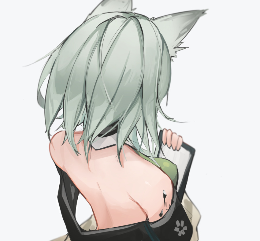 1girl animal_ears arknights bare_back bare_shoulders blurry clipboard covered_nipples depth_of_field dress facing_away from_behind green_dress green_hair highres holding holding_clipboard kal'tsit_(arknights) lynx_ears mikojin off-shoulder_dress off_shoulder oripathy_lesion_(arknights) portrait short_hair simple_background solo white_background
