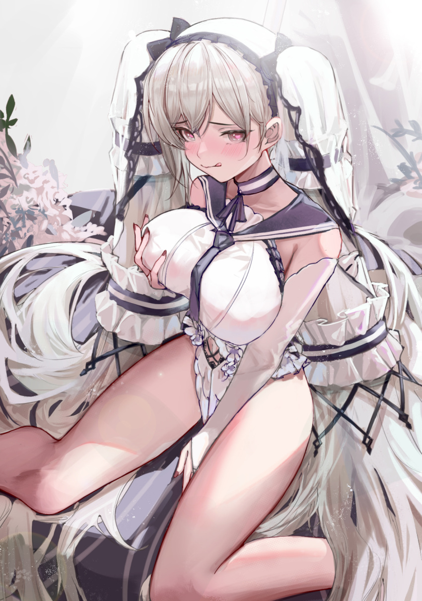 1girl :q azur_lane bangs between_legs blush breasts bridal_gauntlets choker commentary_request dress feet_out_of_frame formidable_(azur_lane) hand_between_legs heart heart-shaped_pupils highres large_breasts long_hair looking_at_viewer nail_polish nineye red_nails self_fondle silver_hair sitting solo symbol-shaped_pupils tongue tongue_out twintails veil very_long_hair white_dress