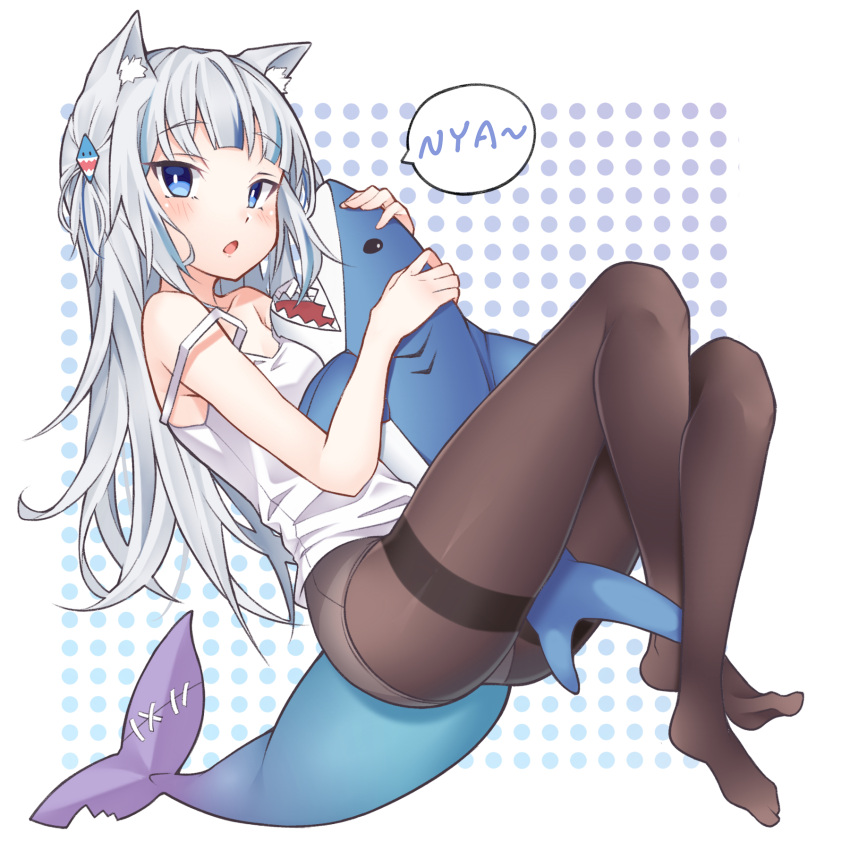 1girl ai_cao animal_ear_fluff animal_ears bangs bare_arms bare_shoulders between_legs between_thighs blue_eyes blue_hair brown_legwear camisole cat_ears commentary english_commentary eyebrows_visible_through_hair fish_tail full_body gawr_gura grey_hair hair_ornament highres hololive hololive_english looking_at_viewer multicolored_hair no_shoes panties panties_under_pantyhose pantyhose parted_lips polka_dot polka_dot_background romaji_text shark_tail solo speech_bubble strap_slip streaked_hair stuffed_animal stuffed_shark stuffed_toy tail thighband_pantyhose two_side_up underwear virtual_youtuber white_background white_camisole
