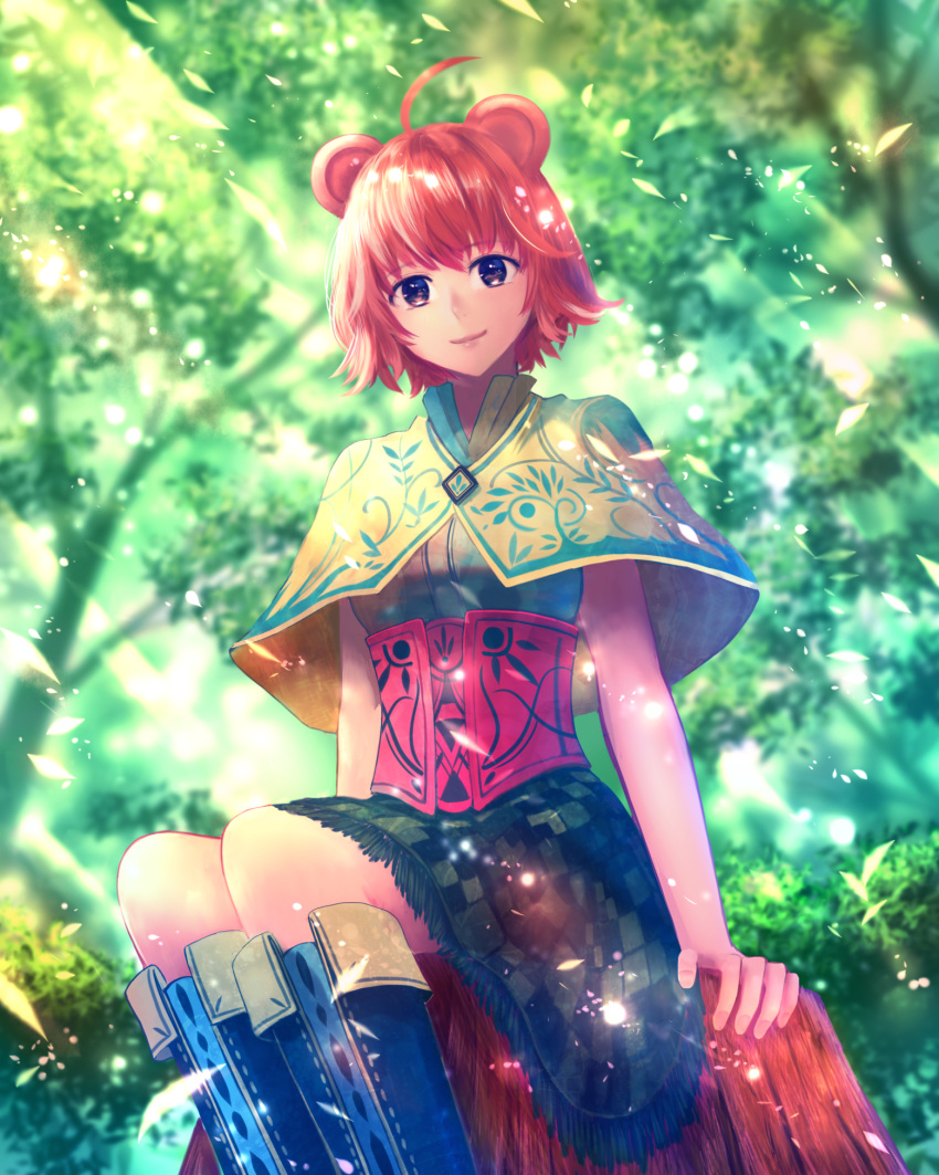 1girl ahoge animal_ears blurry boots bush capelet checkered checkered_skirt corset depth_of_field fantasy forest frilled_skirt frills highres knee_boots leaf light_particles light_rays looking_at_viewer nature original redhead sakimori_(hououbds) short_hair sitting sitting_on_tree_stump skirt sleeveless smile solo tree tree_stump wind