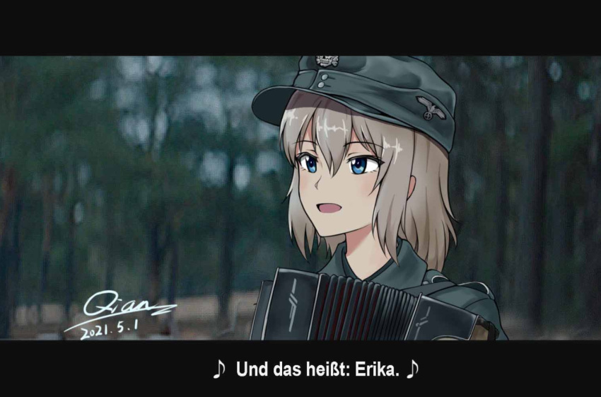1girl accordion artist_name bangs blue_eyes blurry blurry_background chinese_commentary commentary_request day depth_of_field eighth_note english_commentary eyebrows_visible_through_hair german_text girls_und_panzer grey_headwear hat holding holding_instrument instrument itsumi_erika letterboxed looking_to_the_side medium_hair military military_hat military_uniform mixed-language_commentary musical_note open_mouth outdoors patrol_cap persian_lessons qian signature silver_hair smile solo ss_insignia translation_request uniform