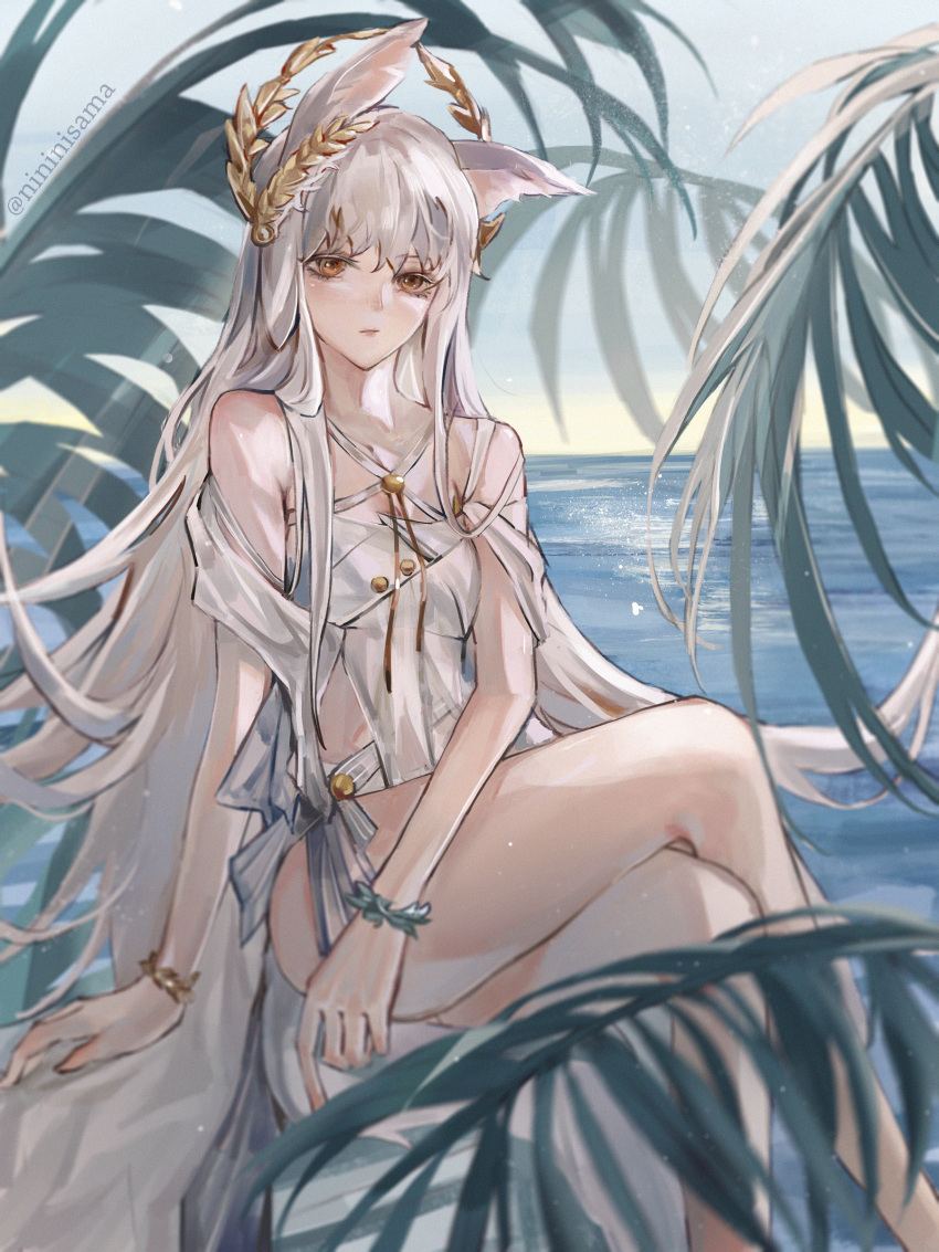 absurdres animal_ear_fluff animal_ears arknights bangs bare_legs bare_shoulders blue_sky bracelet breasts closed_mouth collarbone commentary_request crossed_legs dress hair_ornament hand_on_own_thigh head_tilt highres horse_ears horse_girl jewelry leaning leaning_to_the_side legs lofter_username long_hair nininisama ocean orange_eyes plant platinum_(arknights) rock scenery sidelocks sitting sitting_on_rock sky small_breasts thighs very_long_hair water weibo_username white_dress white_hair