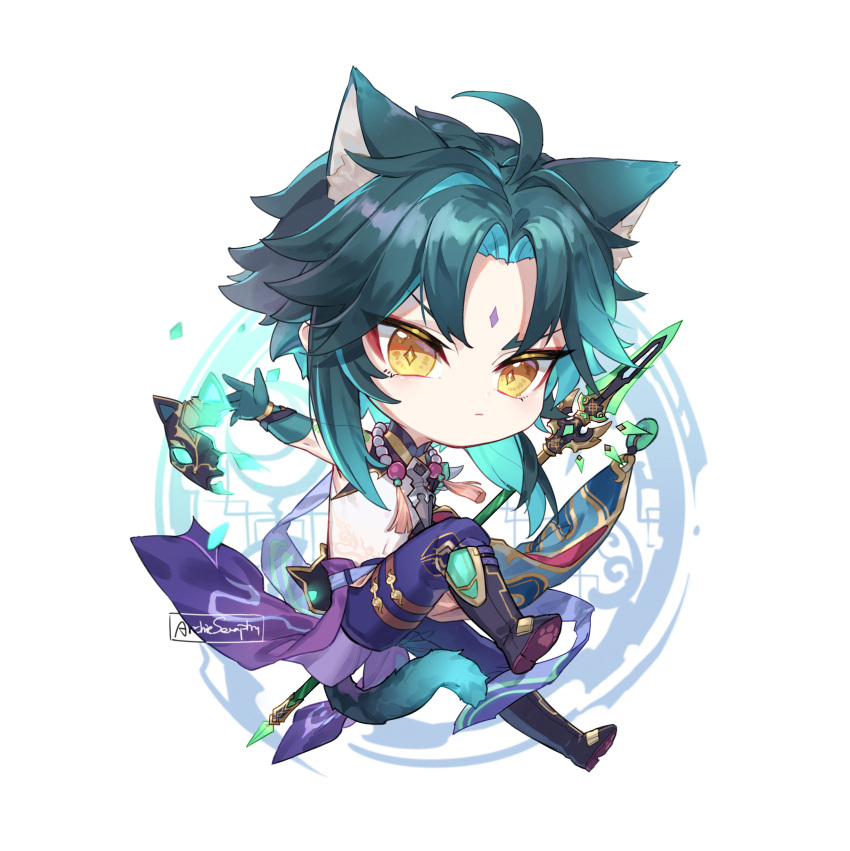 1boy absurdres ahoge animal_ears aqua_hair bead_necklace beads blue_gloves blue_hair cat_ears cat_tail chibi closed_mouth facial_mark forehead_mark genshin_impact gloves highres hisehisekin jewelry male_focus mask multicolored_hair necklace polearm signature simple_background solo spear tail tassel weapon xiao_(genshin_impact) yellow_eyes