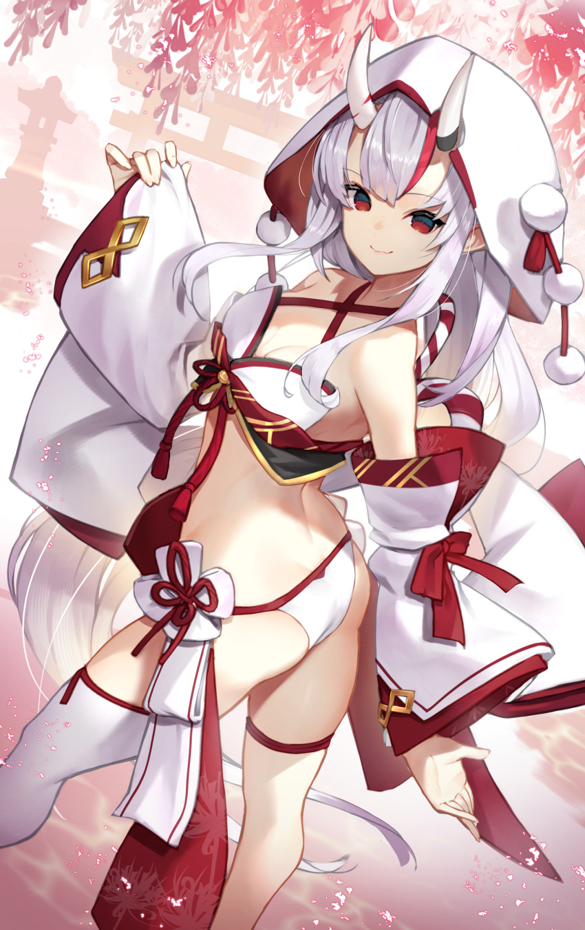 1girl bikini breasts commentary detached_sleeves eyebrows_visible_through_hair hair_between_eyes highlights highres hololive horns japanese_clothes kimono looking_at_viewer looking_back multicolored_hair nakiri_ayame oni_horns red_eyes redhead single_thighhigh small_breasts smile solo sukocchi swimsuit thigh-highs thigh_strap two-tone_hair uchikake virtual_youtuber white_bikini white_hair white_legwear
