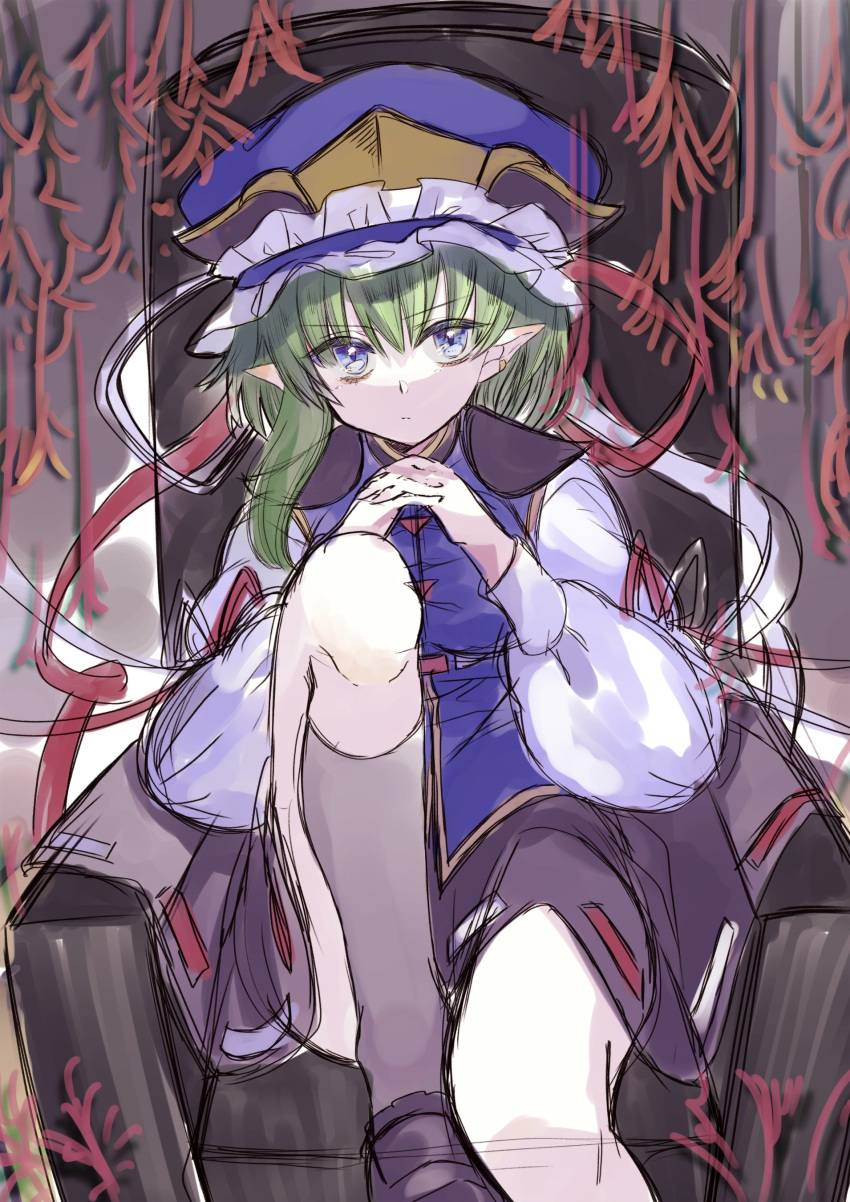 1girl absurdres black_skirt blue_eyes blue_vest breasts commentary_request expressionless foot_out_of_frame gold_trim hall_jion hands_clasped hat highres looking_at_viewer medium_breasts own_hands_together pointy_ears shiki_eiki sitting sketch skirt solo touhou vest