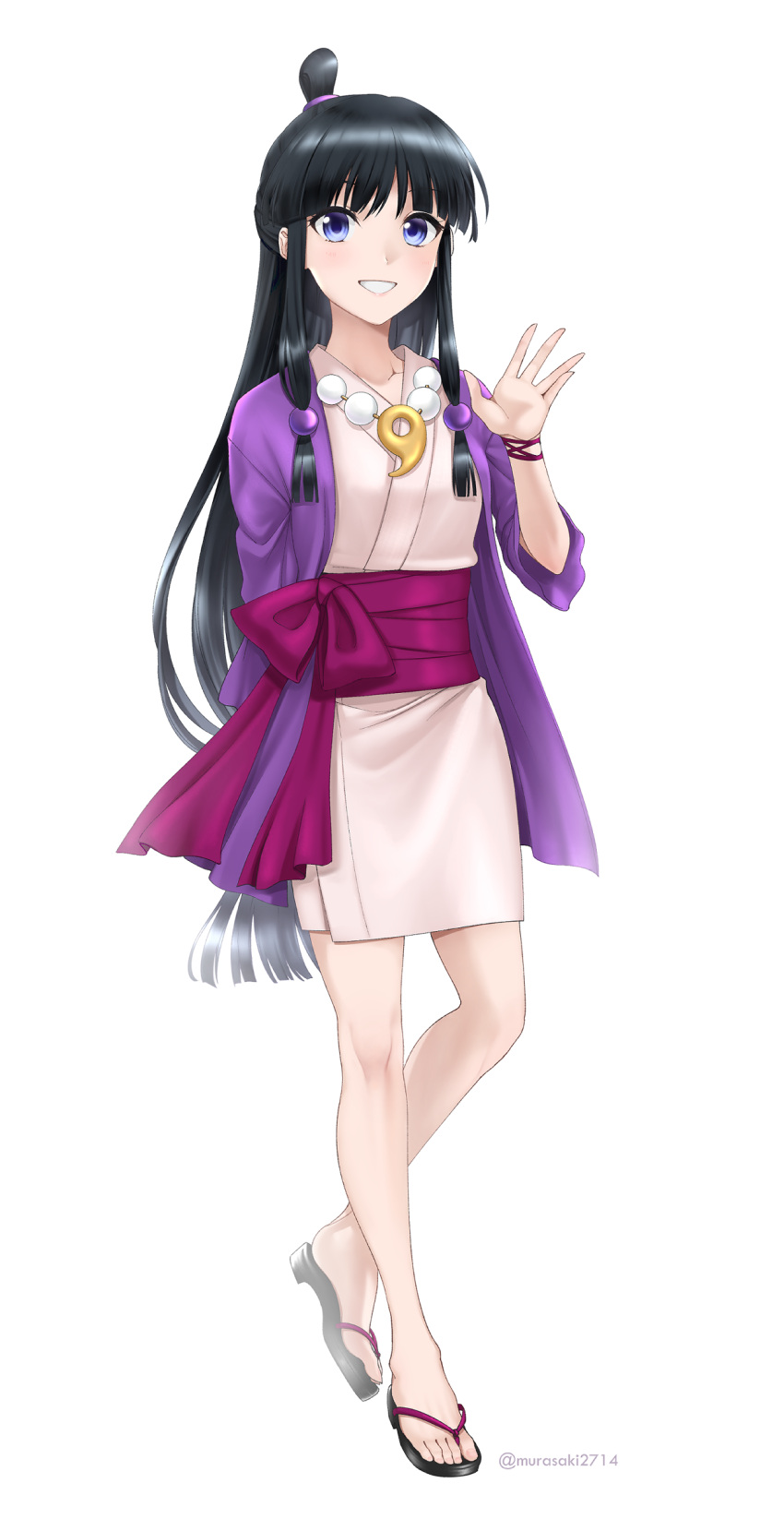 1girl absurdres ayasato_mayoi black_hair feet gyakuten_saiban hair_ornament half_updo highres japanese_clothes jewelry long_hair looking_at_viewer magatama murasaki2714 necklace simple_background smile solo white_background