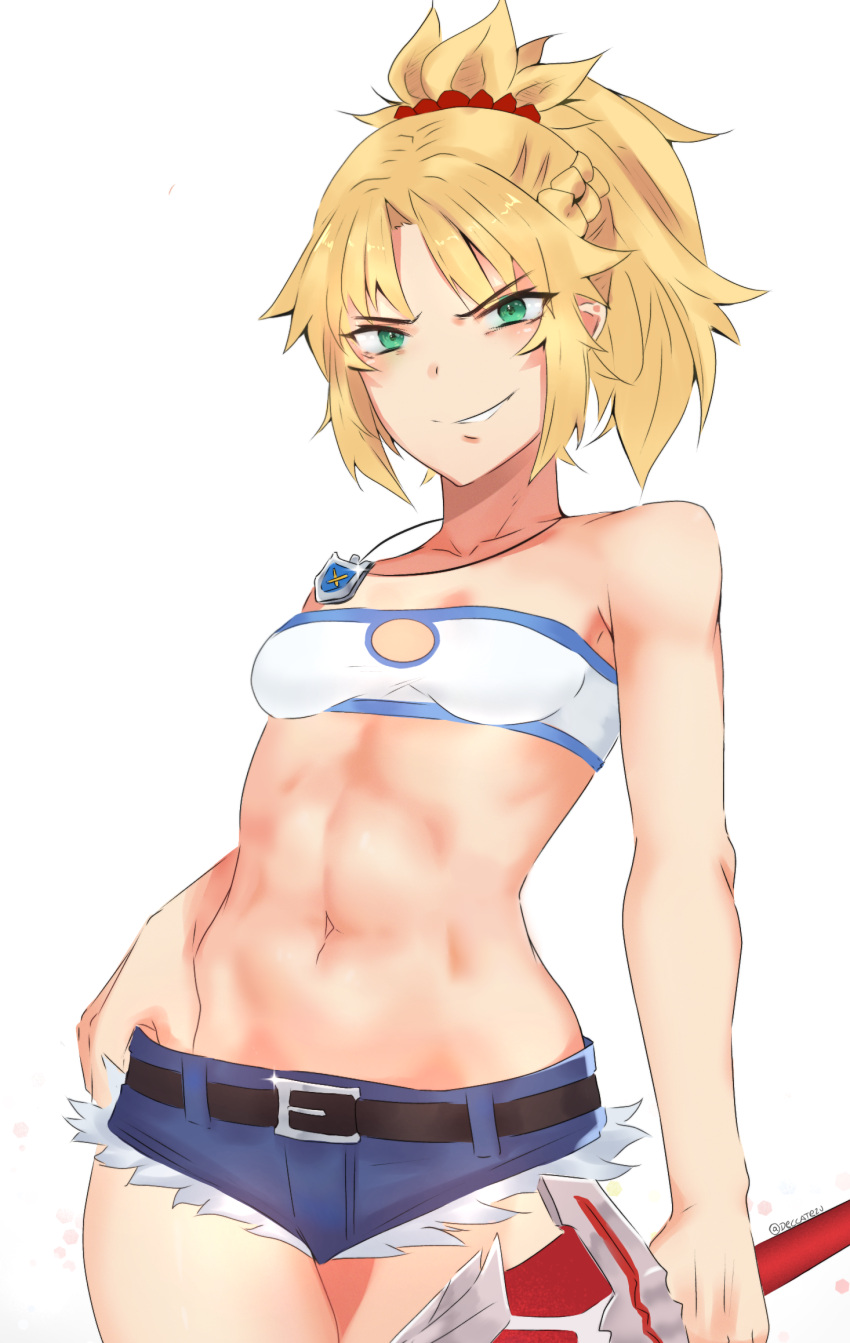 abs angry_sex bangs blonde_hair breasts deccatezu fate/apocrypha fate/grand_order fate_(series) green_eyes hair_ornament highres md5_mismatch mordred_(fate) mordred_(fate)_(all) ponytail resolution_mismatch shorts solo source_smaller sword thighs tomboy weapon