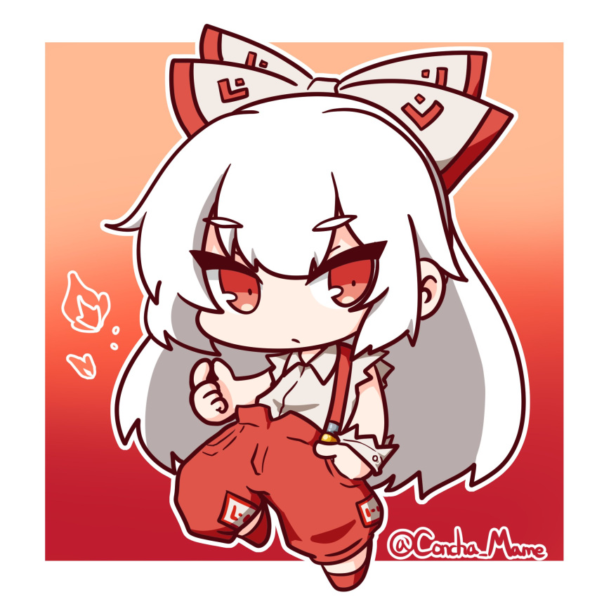 1girl bangs border bow chibi closed_mouth concha_(mamecha) eyebrows_visible_through_hair fire fujiwara_no_mokou full_body gradient gradient_background hair_bow hand_in_pocket highres long_hair looking_at_viewer multicolored_bow ofuda ofuda_on_clothes outline pants red_background red_eyes red_footwear red_pants solo suspenders torn_clothes torn_sleeves touhou twitter_username white_border white_hair white_outline