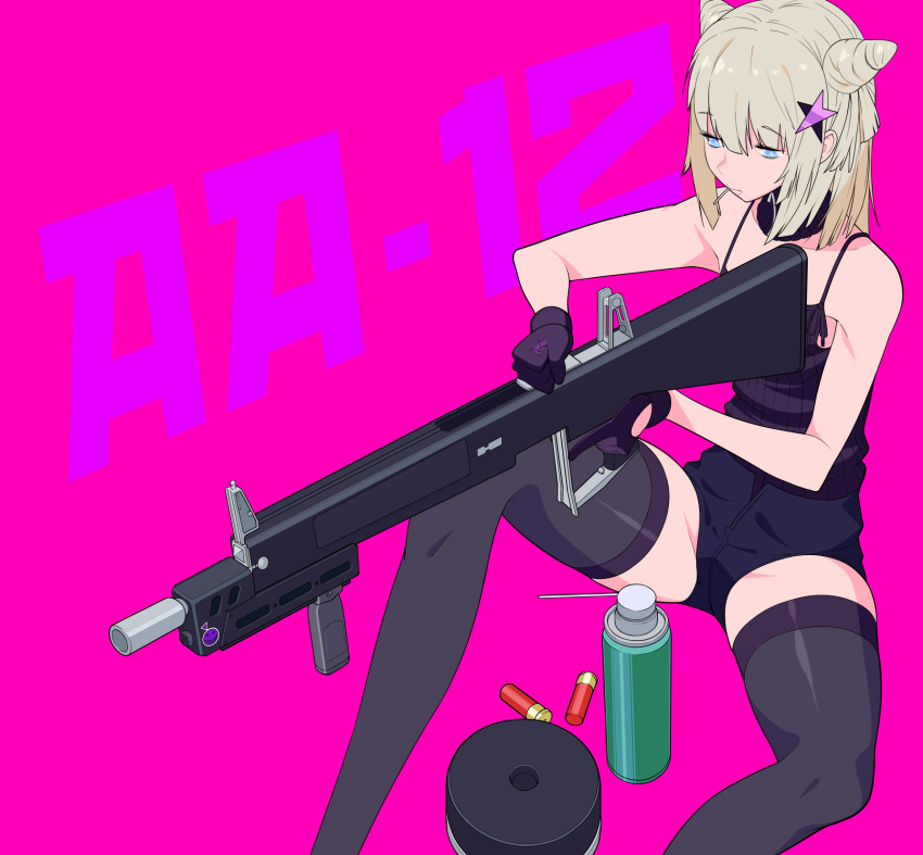 1girl aa-12 aa-12_(girls_frontline) bangs bare_arms bare_shoulders black_gloves black_legwear black_shorts black_tank_top blue_eyes blunt_bangs candy character_name commentary_request detached_collar eyebrows_visible_through_hair feet_out_of_frame flat_chest food food_in_mouth girls_frontline gloves gun hair_between_eyes hair_cones hair_ornament highres holding holding_weapon knee_up lollipop long_hair looking_at_object mouth_hold pink_background purple_gloves short_shorts shorts shotgun shotgun_shells sidelocks silver_hair simple_background sitting solo spaghetti_strap spray_can spread_legs star_(symbol) star_hair_ornament sugimoto_takeshi tank_top thigh-highs thighs trigger_discipline two-tone_gloves weapon zipper zipper_pull_tab