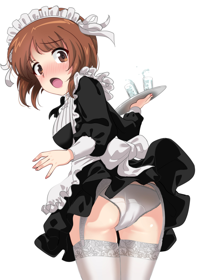 1girl :o absurdres alternate_costume apron ass blush brown_eyes brown_hair clothes_lift commentary cup drinking_glass embarrassed enmaided excel_(shena) eyebrows_visible_through_hair frilled_apron frills garter_belt garter_straps girls_und_panzer highres looking_back maid maid_headdress nishizumi_miho panties short_hair skirt skirt_lift solo thigh-highs thighs tray underwear water white_legwear white_panties