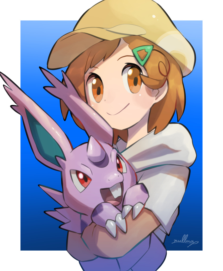 1girl absurdres blush border brown_eyes brown_hair closed_mouth commentary_request eyelashes gen_1_pokemon hair_ornament hairclip hat highres holding holding_pokemon hood hood_down nidoran nidoran_(male) nullma outside_border pokemon pokemon_(creature) short_hair short_sleeves signature smile white_border yellow_headwear