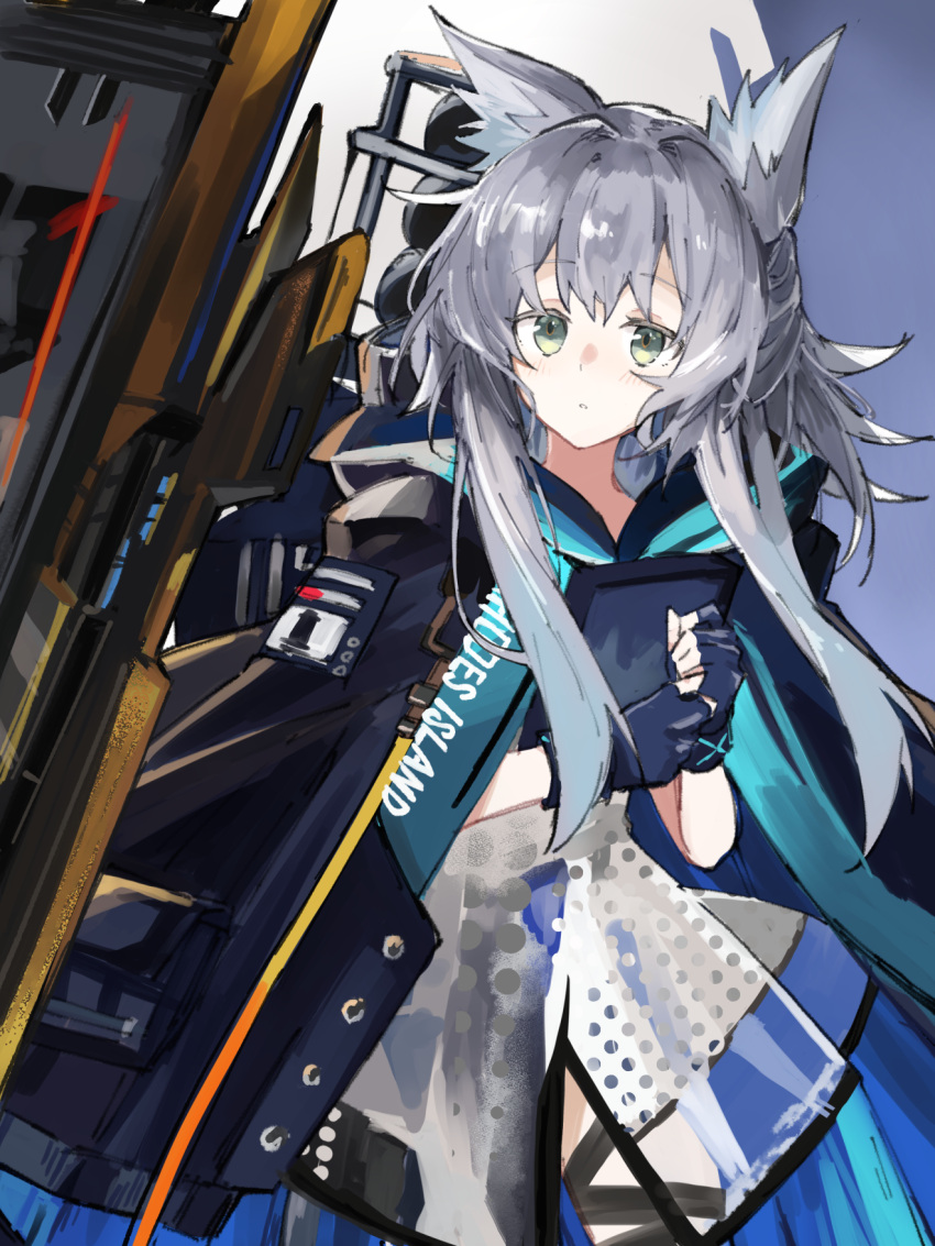 1girl animal_ear_fluff animal_ears arknights backpack bag black_jacket blue_gloves book cat_ears cowboy_shot dress exion_(neon) fingerless_gloves gloves green_eyes grey_hair highres holding holding_book infection_monitor_(arknights) jacket long_hair looking_at_viewer open_clothes open_jacket rosmontis_(arknights) solo white_dress wristband