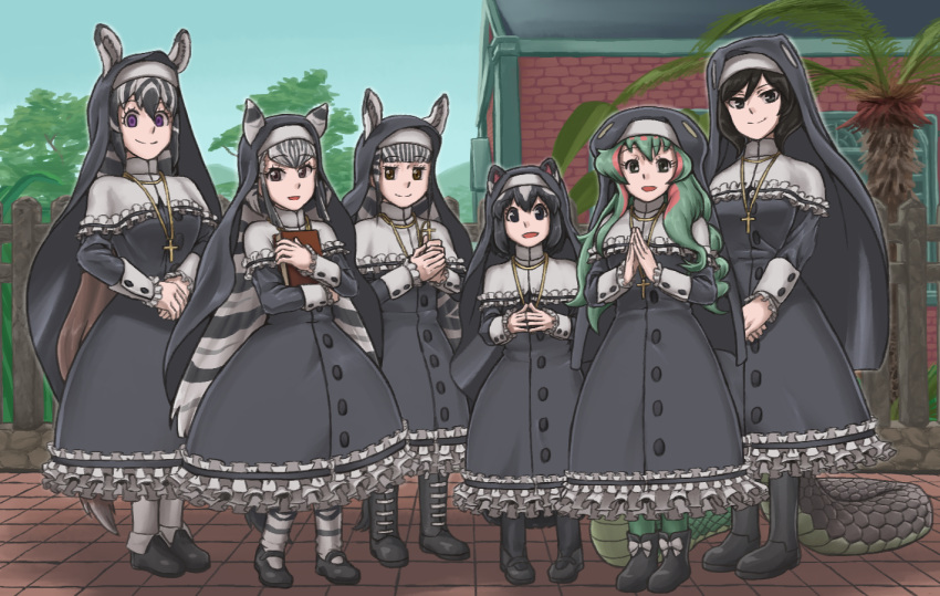 artist_request black_dress black_mamba_(kemono_friends) boomslang_(kemono_friends) chapman's_zebra_(kemono_friends) character_request dress haegiwa_gonbee kemono_friends latin_cross nun palm_tree plains_zebra_(kemono_friends) quagga_(kemono_friends) source_request spotted_skunk_(kemono_friends) tagme tail tree veil