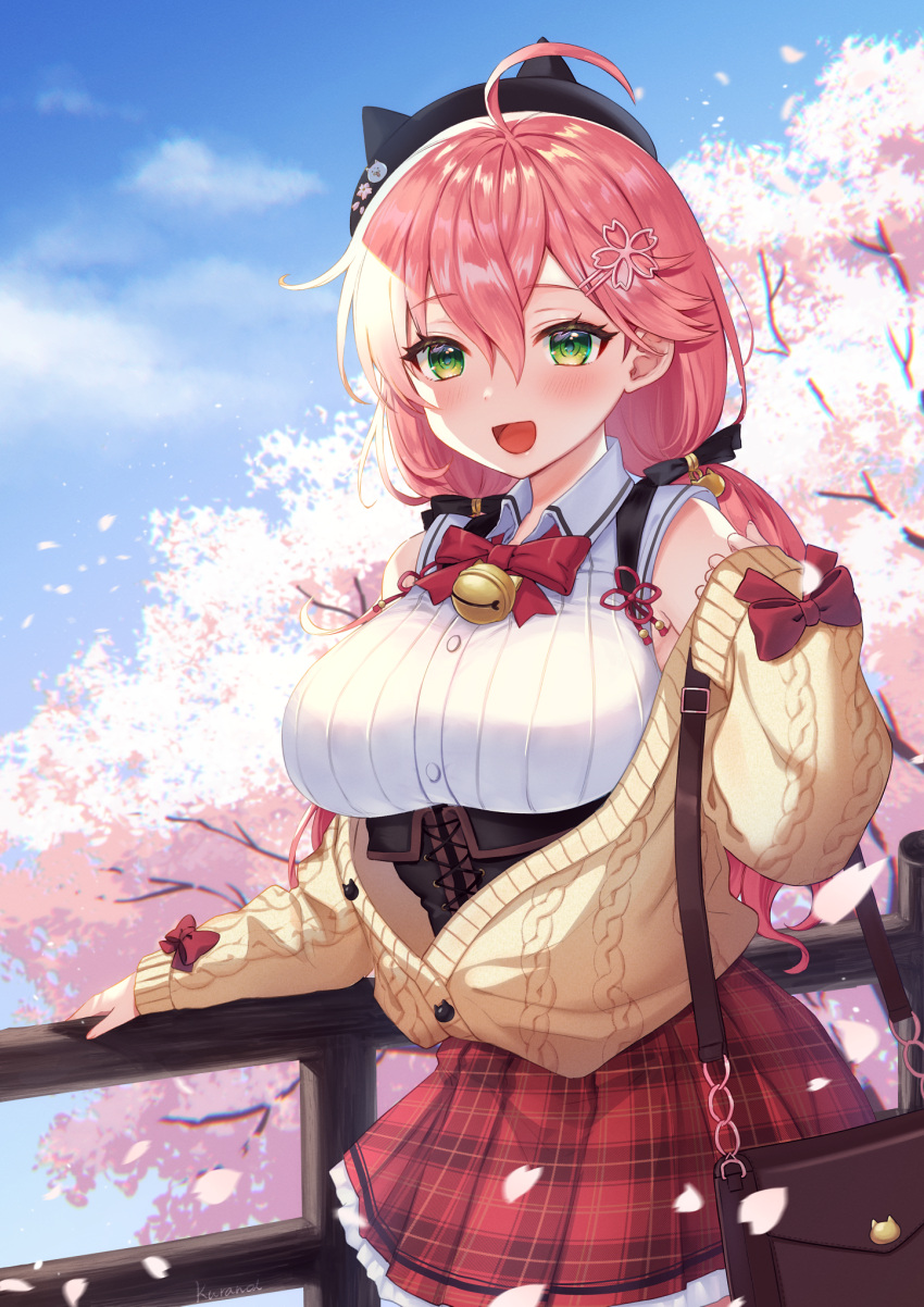 1girl :d ahoge artist_name bangs bell bow bowtie breasts cherry_blossoms green_eyes hair_between_eyes hair_ornament highres hololive kura_noi looking_at_viewer neck_bell open_mouth outdoors petals pink_hair plaid plaid_skirt railing red_bow red_skirt sakura_miko skirt smile solo virtual_youtuber wooden_railing