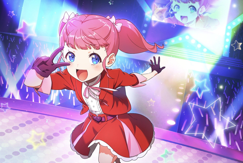 1girl :d audience bangs blunt_bangs blush bow bule_eyes commentary_request concert crowd dutch_angle foreshortening gloves glowstick hair_bow heart_belt highres idol jacket kiratto_pri_chan leg_up looking_at_viewer momoyama_hikari neck_ribbon open_mouth pink_bow pink_ribbon pose pretty_(series) purple_belt purple_gloves red_jacket red_skirt ribbon screen shirt skirt smile sparkle spotlight stage stage_lights star_(symbol) twintails v white_shirt yuzu_sato
