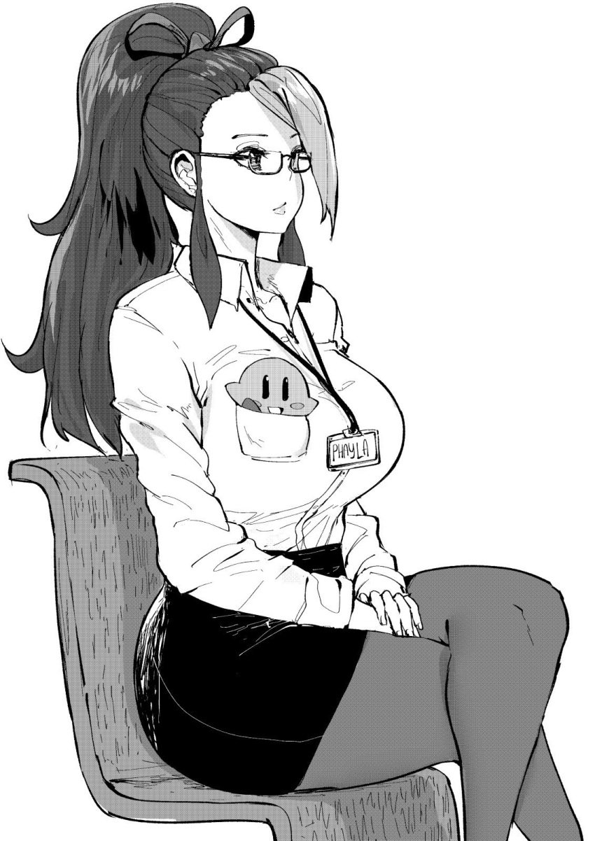 1girl black_skirt borrowed_character collared_shirt commission expressionless glasses greyscale halftone highres kirby kirby_(series) long_hair long_sleeves monochrome multicolored_hair name_tag norman_maggot original pantyhose phayla_(mr_december206) shirt sitting skirt solo two-tone_hair white_shirt