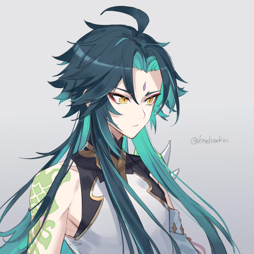 1boy ahoge alternate_hair_length alternate_hairstyle aqua_hair arm_tattoo asymmetrical_clothes blue_hair facial_mark forehead_mark genshin_impact grey_background highres hisehisekin long_hair male_focus multicolored_hair sidelocks simple_background solo spikes tattoo twitter_username upper_body xiao_(genshin_impact) yellow_eyes