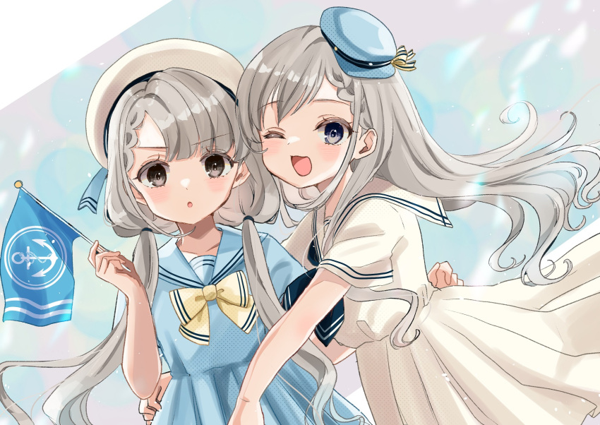 2girls ;d abstract_background bangs black_neckwear blue_background blue_dress blue_headwear blue_sailor_collar blush bow bowtie braid commentary dress eyebrows_visible_through_hair flag grey_eyes grey_hair hat highres hisakawa_hayate hisakawa_nagi holding holding_flag hug idolmaster idolmaster_cinderella_girls idolmaster_cinderella_girls_starlight_stage long_hair low_twintails mini_hat multiple_girls one_eye_closed open_mouth parted_lips rino_cnc sailor_collar sailor_dress sailor_hat short_sleeves siblings simple_background sisters smile twins twintails upper_body white_dress white_headwear white_sailor_collar yellow_neckwear