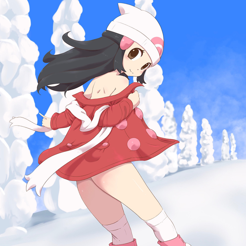 1girl blue_hair blue_sky brown_eyes hikari_(pokemon) hair_ornament hat highres jacket long_hair looking_back open_clothes open_jacket over-kneehighs pibo pink_jacket poke_ball_symbol pokemon pokemon_(game) pokemon_dppt pokemon_platinum sidelocks sky solo thigh-highs white_legwear