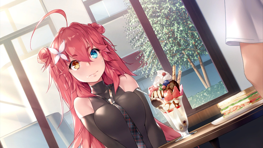 1boy 1girl action_taimanin ahoge aqua_eyes bare_shoulders berry blueberry blush breasts building butterfly_hair_ornament cafe cookie day double_bun eyebrows_visible_through_hair food fruit game_cg hair_between_eyes hair_ornament heterochromia highres kannazuki_sora long_hair medium_breasts necktie nervous pink_hair plate raspberry sandwich sandwich_cookie short_eyebrows strawberry sweat table tree wafer_stick window yellow_eyes
