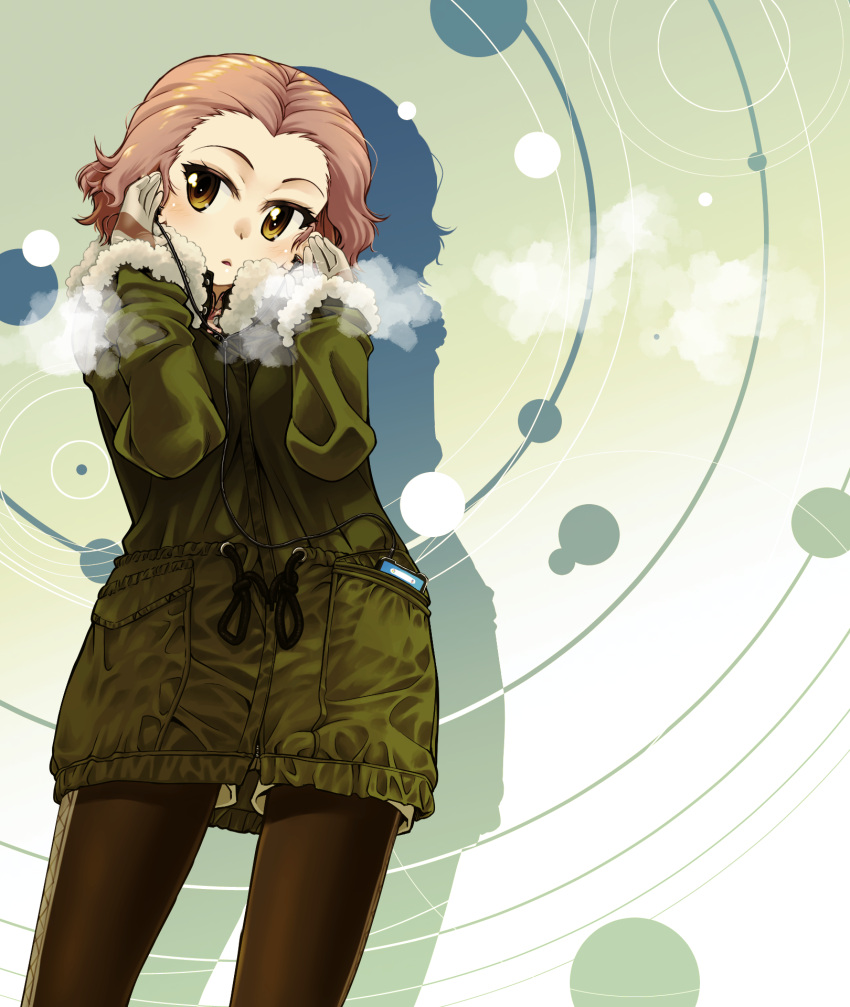 1girl black_legwear breath brown_eyes closed_mouth coat commentary fur-trimmed_sleeves fur_trim girls_und_panzer gloves green_background green_coat grey_gloves grey_shorts highres long_sleeves looking_at_viewer medium_hair pantyhose r-ex redhead rosehip_(girls_und_panzer) short_shorts shorts silhouette solo standing
