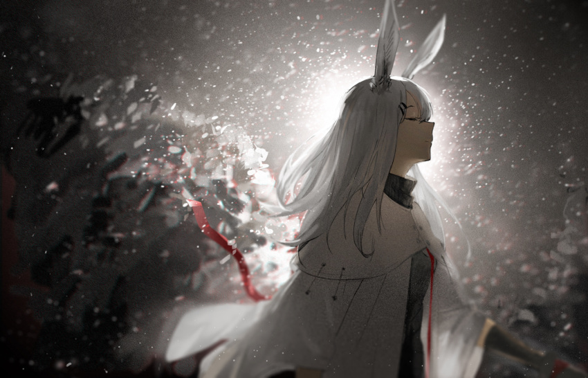 1girl animal_ears arknights backlighting black_sweater cape closed_eyes commentary frostnova_(arknights) grey_hair hair_ornament hair_over_one_eye hairclip long_hair rabbit_ears red_ribbon ribbon solo sweater tabe_(xty1999) upper_body white_cape