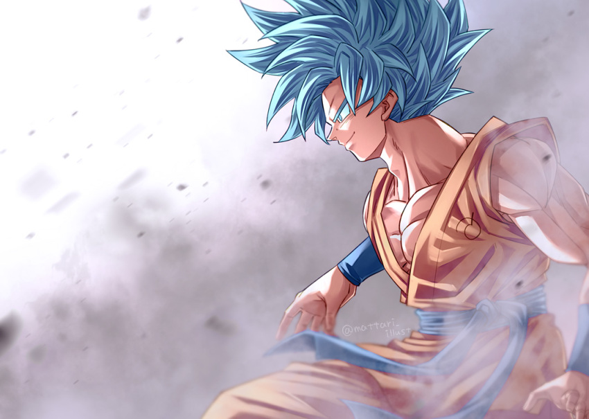 1boy blue_eyes blue_hair blue_sash bracer dougi dragon_ball dragon_ball_super from_side male_focus mattari_illust muscular muscular_male sash smile solo son_goku super_saiyan super_saiyan_blue twitter_username