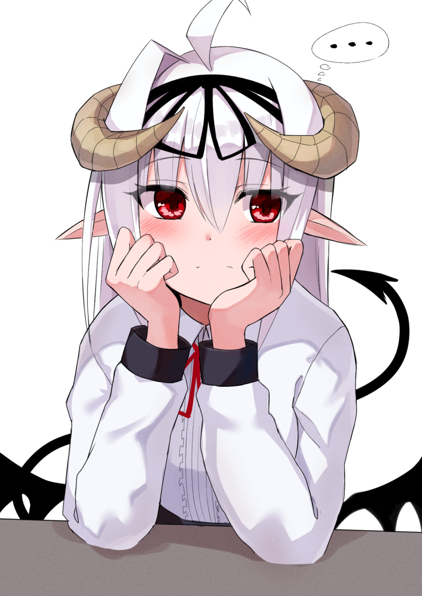 ... 1girl ahoge bangs black_ribbon closed_mouth collared_shirt commentary_request curled_horns demon_girl demon_horns demon_tail demon_wings eyebrows_visible_through_hair hair_between_eyes hands_up head_rest highres horns long_sleeves looking_away looking_to_the_side neck_ribbon original pointy_ears red_eyes red_ribbon ribbon sazamiso_rx shirt simple_background single_hair_intake solo spoken_ellipsis tail upper_body white_background white_hair white_shirt wings