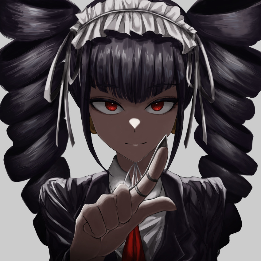 1girl absurdres bangs black_hair black_jacket blunt_bangs bonnet bubi_(bin1886) celestia_ludenberg closed_mouth commentary_request dangan_ronpa:_trigger_happy_havoc dangan_ronpa_(series) drill_hair eyebrows_visible_through_hair gothic_lolita grey_background hair_ribbon hairband highres index_finger_raised jacket lolita_fashion lolita_hairband long_hair long_sleeves looking_at_viewer pointing pointing_at_viewer red_eyes red_neckwear ribbon shiny shiny_hair shirt simple_background smile solo twin_drills twintails upper_body white_shirt