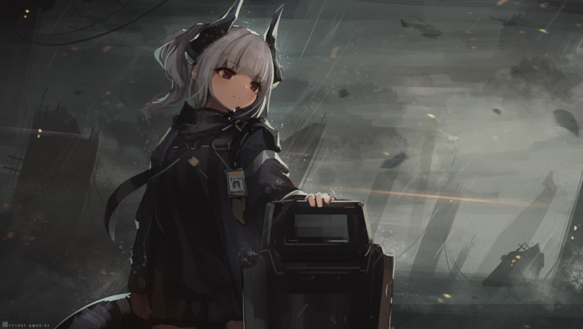 1girl aircraft arknights asicah black_shirt black_skirt blue_jacket commentary cowboy_shot dragon_girl dragon_horns dragon_tail grey_hair helicopter horns id_card jacket liskarm_(arknights) long_hair looking_afar open_clothes open_jacket outdoors overhead_line ponytail rain red_eyes ruins shield shirt skirt solo tail