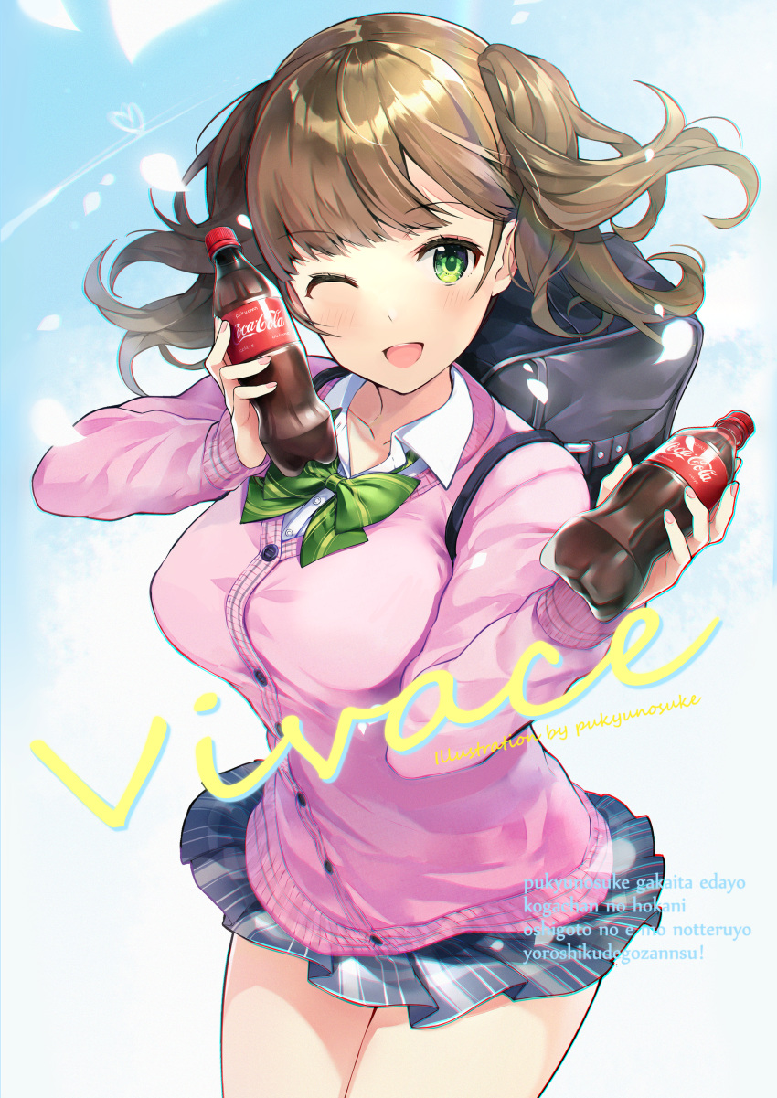 1girl ;d absurdres bag bangs blunt_bangs blush bottle bow bowtie breasts brown_hair cardigan coca-cola commentary_request cowboy_shot drink eyebrows_visible_through_hair green_bow green_eyes green_neckwear hands_up highres holding holding_drink huge_filesize large_breasts long_sleeves looking_at_viewer miniskirt one_eye_closed open_mouth original pink_cardigan pleated_skirt ringozaka_mariko romaji_text school_bag school_uniform skirt smile translation_request twintails