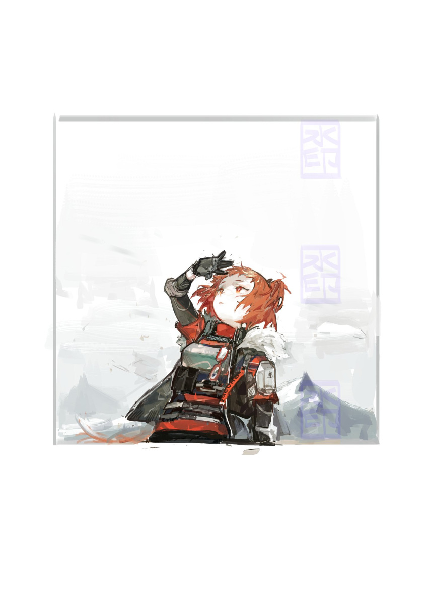 1girl arknights arm_up beagle_(arknights) beagle_(dreadnaught)_(arknights) belt black_gloves black_jacket black_pants border chest_guard chest_strap eyewear_hang eyewear_removed fur-trimmed_hood fur_trim gloves grey_border grey_sky highres hood jacket looking_up mountainous_horizon open_clothes open_jacket orange_eyes orange_hair pants parted_lips pipidan shading_eyes short_hair solo symbol_commentary two_side_up upper_body white_border