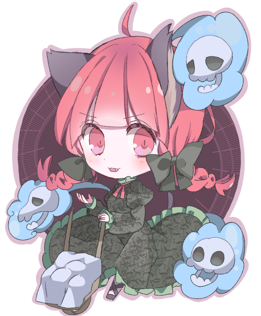 1girl :3 absurdres ahoge animal_ears blush cat_ears cat_tail chibi dress fang full_body green_dress hall_jion highres hitodama juliet_sleeves kaenbyou_rin long_sleeves puffy_sleeves red_eyes redhead simple_background skull solo tail touhou wheelbarrow white_background